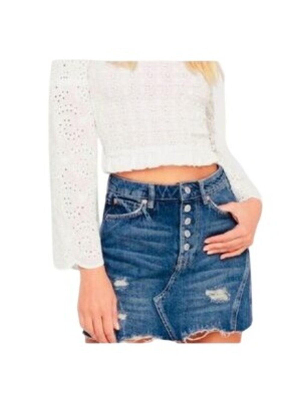 Free People Harvey Blue Distressed Mini Skirt - Picture 3 of 7